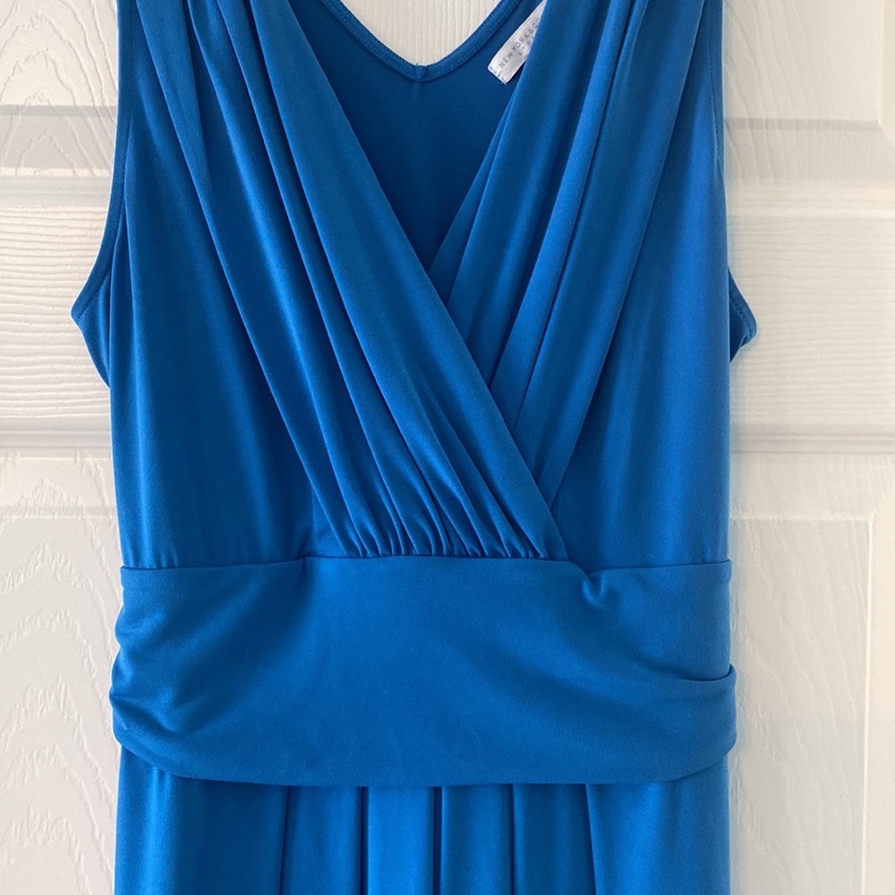 New York and Company Blue Dress V-neck Ruched Tie Back - Picture 2 of 5
